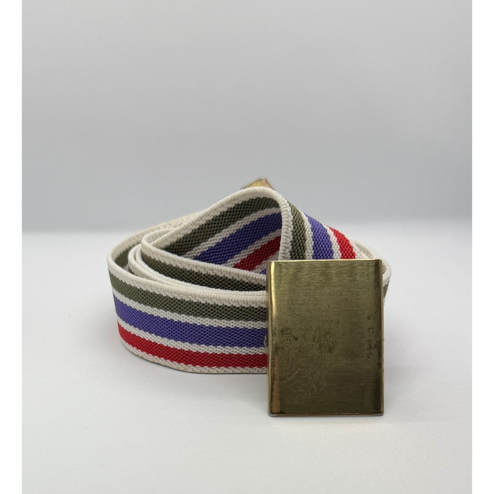 Vintage Striped Elastic Stretch Belt Brass Flip Top Buckle Red Purple Green 36"